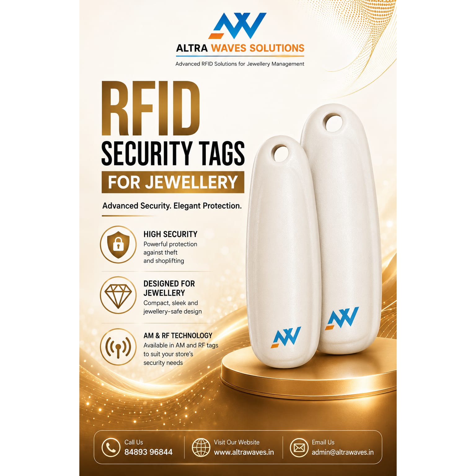 RFID security jewellery tag attached to jewellery for inventory tracking and security